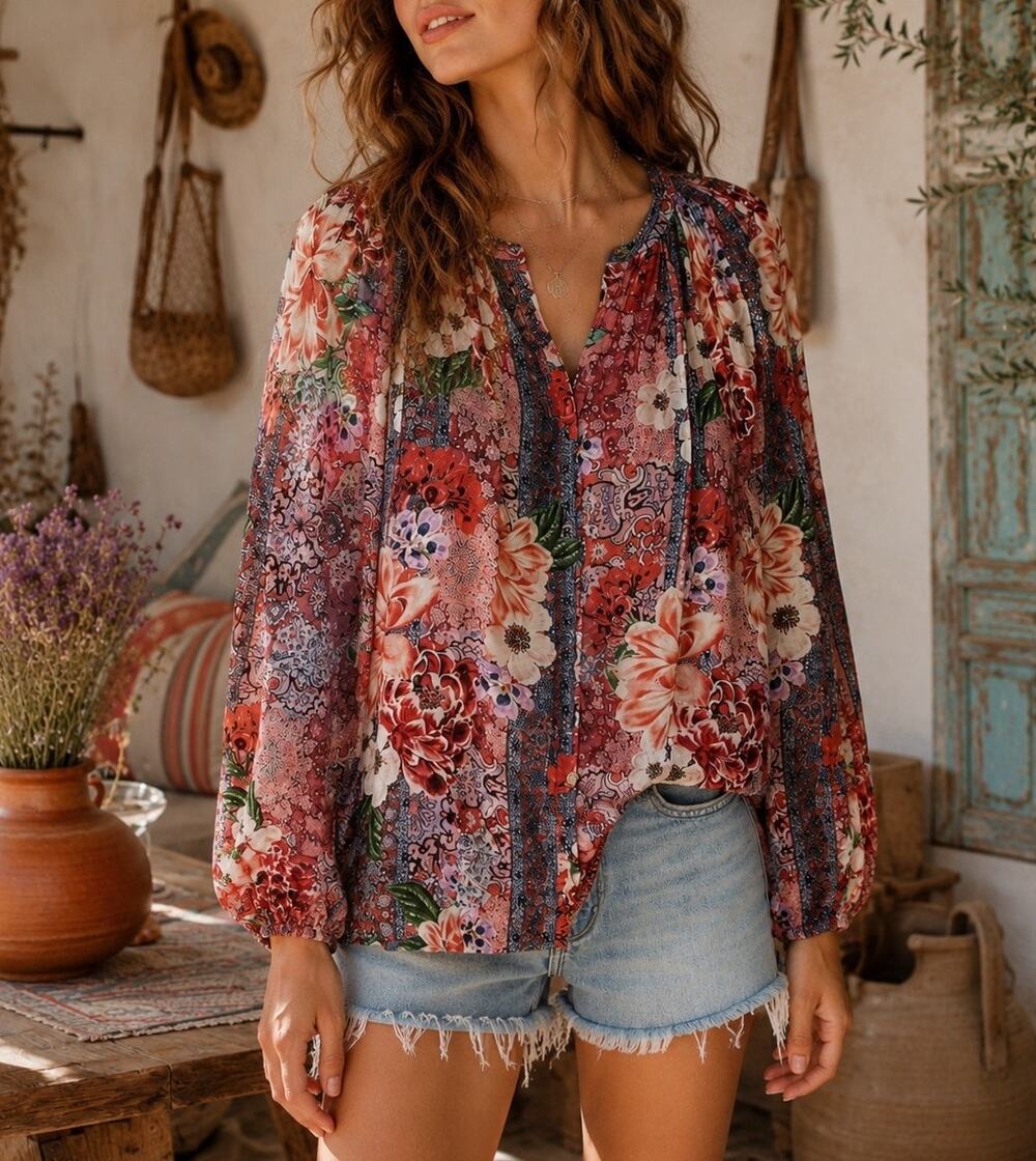 Johnny Was Floral Peasant Blouse Boho Patchwork Balloon Sleeve Lightweight Sz XS